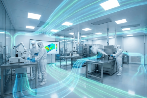 Cleanroom laboratory with scientists in full PPE operating equipment while visualized airflow streams circulate through the room