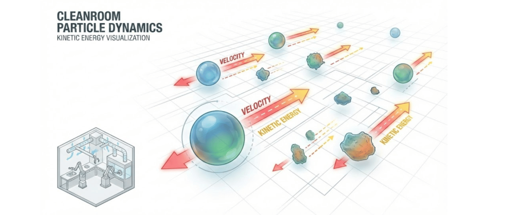 Cleanroom particle dynamics illustration showing particles moving with velocity arrows and labeled kinetic energy across a grid