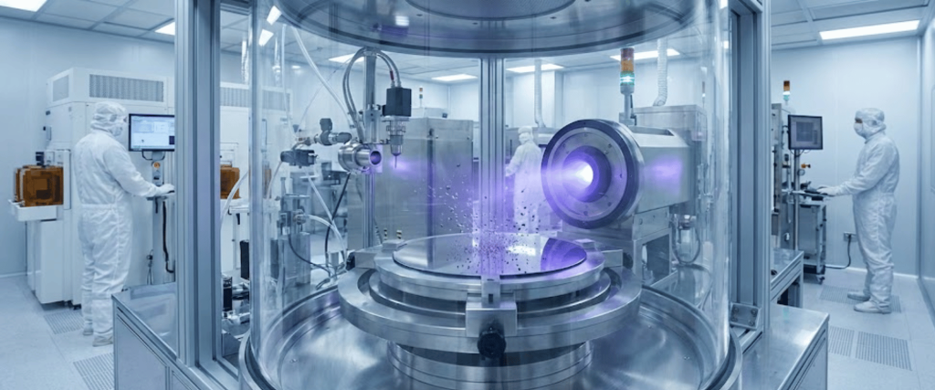 Cleanroom technicians in full suits operating advanced semiconductor fabrication equipment with a glowing laser process at center