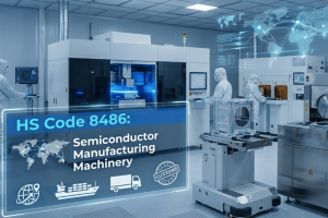 Cleanroom technicians operating advanced semiconductor manufacturing machinery with digital world map and HS Code 8486 overlay