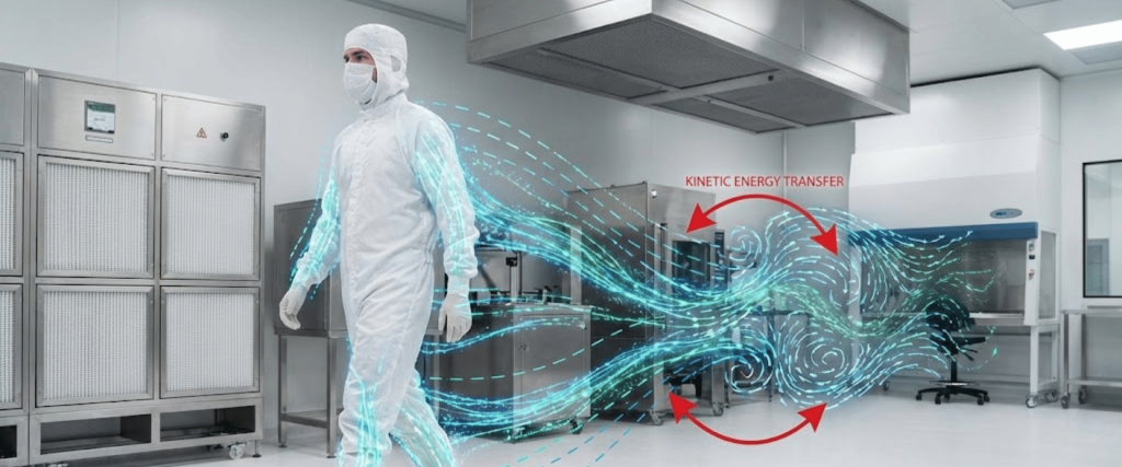 Cleanroom worker in full gown walking as airflow and particle turbulence streams are visualized moving through the sterile lab