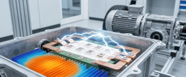 Electric motor power module with copper busbars and blue-orange heatsinks, sparking arcs inside a metal enclosure, lab setting