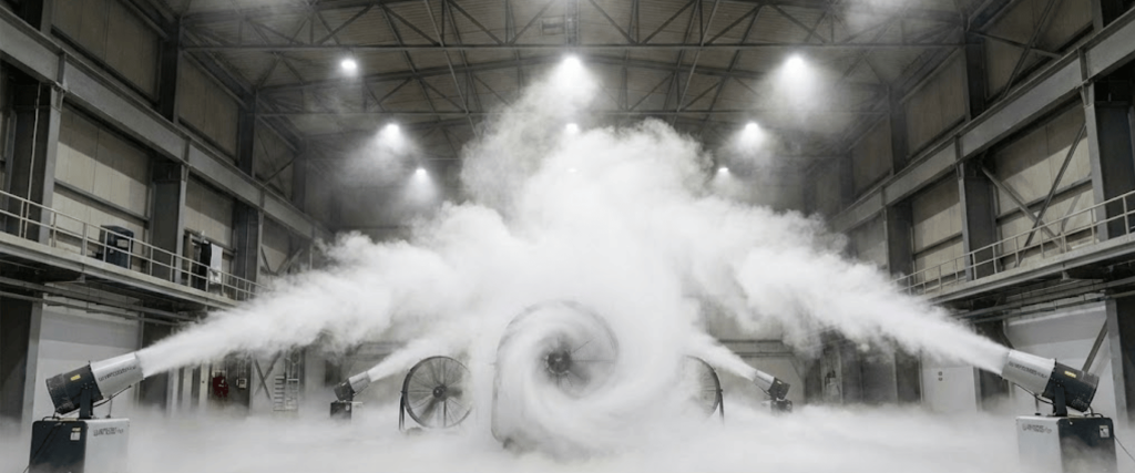 Fog machines in a large warehouse producing swirling, dense white mist with industrial fans and overhead lights