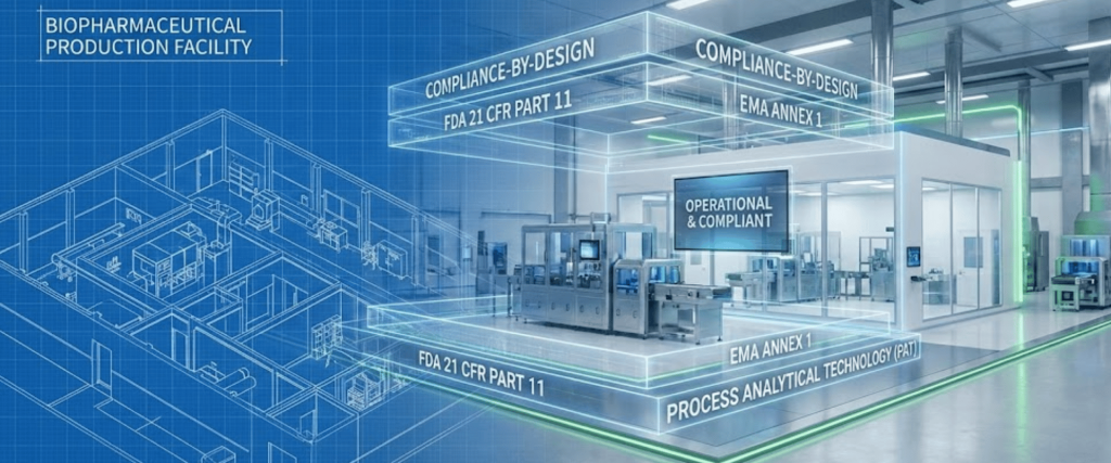 Futuristic biopharmaceutical production facility blueprint merging with a cleanroom manufacturing floor and compliance labels