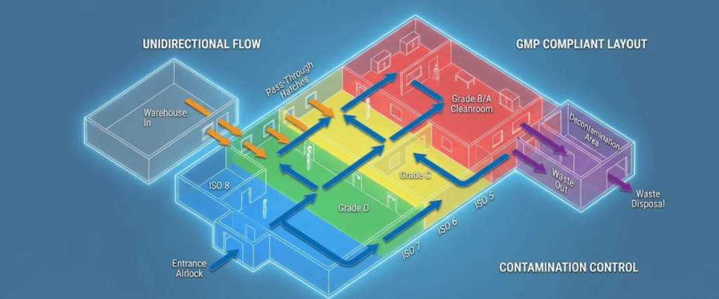 GMP-compliant cleanroom layout diagram showing unidirectional flow from warehouse through ISO/Grade zones (ISO 8 to Grade B/A)