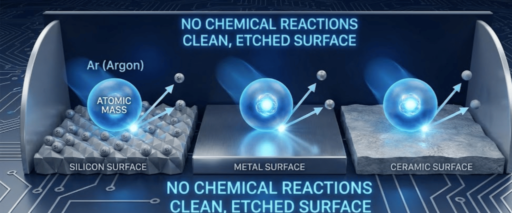 High-tech illustration showing argon atoms bouncing off clean, etched silicon, metal, and ceramic surfaces with labels and caption about no chemical reactions