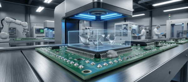 High-tech inspection of a circuit board with robotic lab, magnified chip area under blue scanner detecting surface defects
