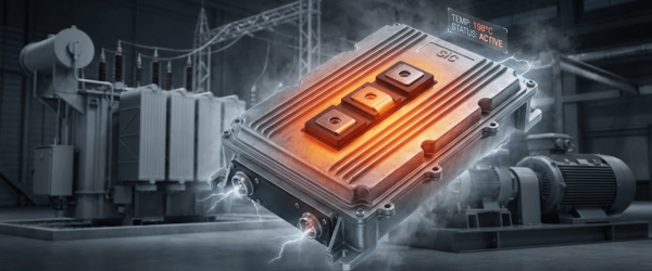 Industrial power module glowing orange with sparks and steam, floating in a factory near transformers; temp 198°C, active