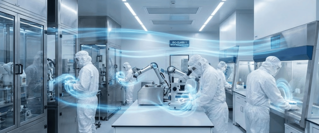 Laboratory technicians in full cleanroom suits working with microscopes and robotic arms in a sterile, high-tech ISO Class 1 lab