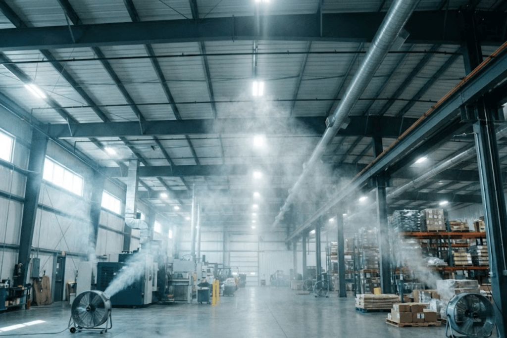 Large industrial warehouse with fogging fans dispersing mist between rows of shelving, pallets, and overhead lighting