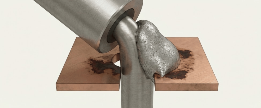 Molten metal nugget being poured from a cylindrical spout onto a flat copper plate, creating scorch marks and a raised pour mound