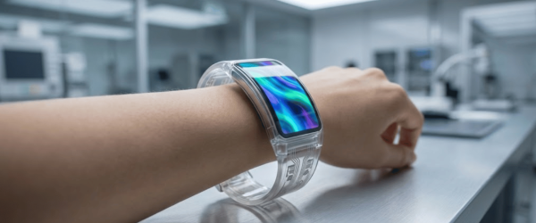 Person wearing a transparent, futuristic smartwatch with a colorful curved display on a lab bench in a modern tech lab