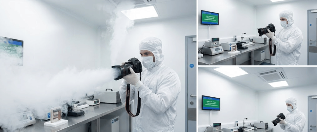 Photographer in cleanroom suit photographing fogged electronics and instruments on stainless steel benches under bright lights