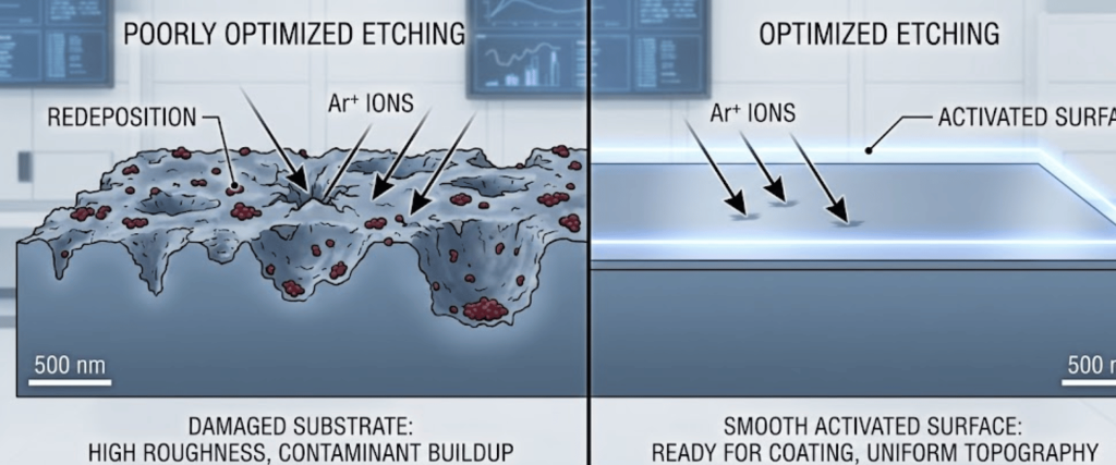 Poor vs optimized plasma etching: rough, redeposited substrate with Ar+ damage vs smooth activated surface ready for coating