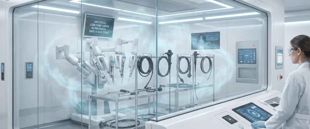 Robotic surgical instruments and endoscopes sterilized inside a sealed high-tech lab chamber while a technician monitors controls