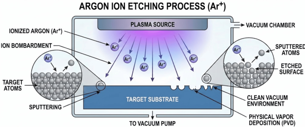 Schematic of argon ion etching showing plasma source in vacuum, Ar+ ions bombarding target substrate, sputtering atoms
