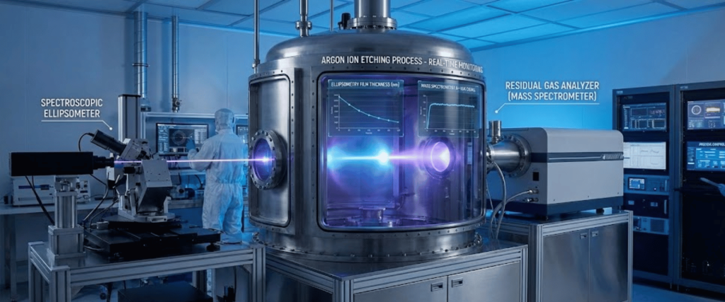 Spectroscopy lab with argon ion etching chamber, engineers in clean suits monitoring mass spectrometer and ellipsometer