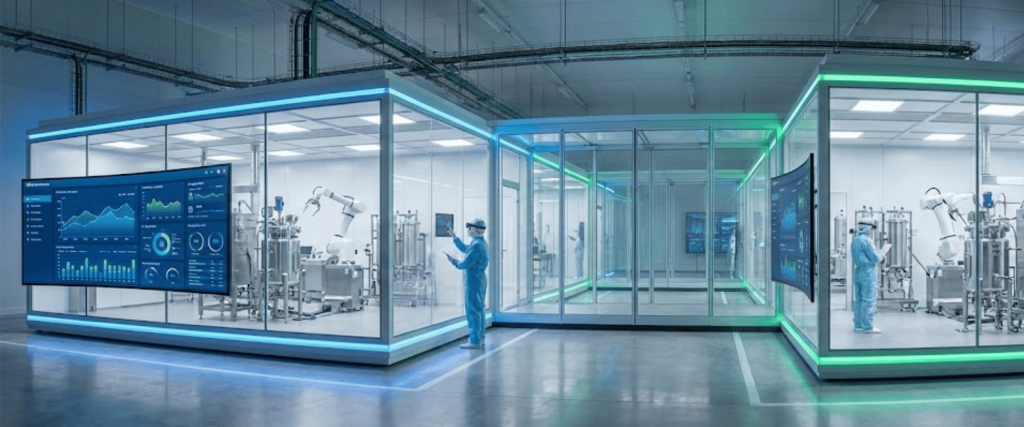 Sterile glass lab with technicians in protective suits monitoring robotic biomanufacturing equipment and large digital data screens