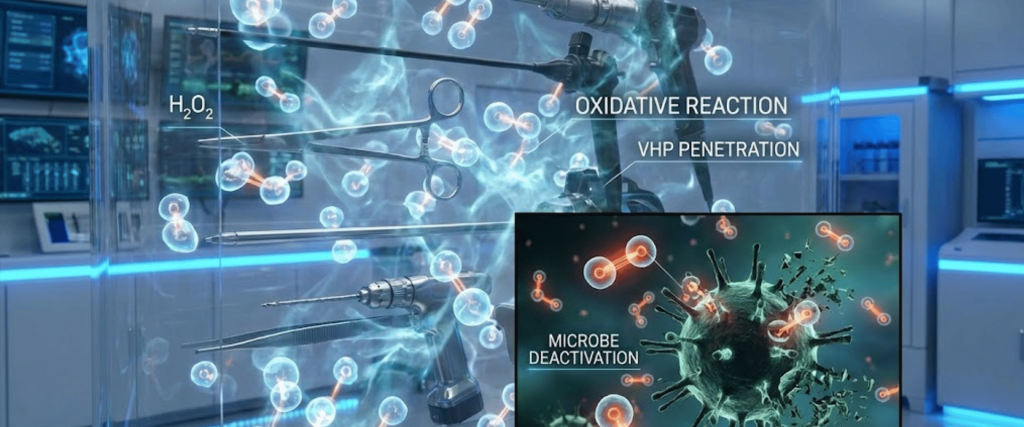 Sterile lab chamber showing surgical tools amid H2O2 molecules and vapor, labeled "oxidative reaction" and inset showing microbes being deactivated