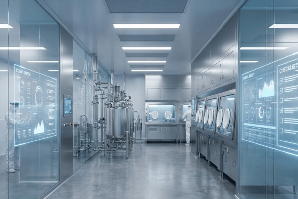 Sterile pharmaceutical lab with stainless steel reactors, glovebox isolators, digital compliance dashboards, and technicians in PPE