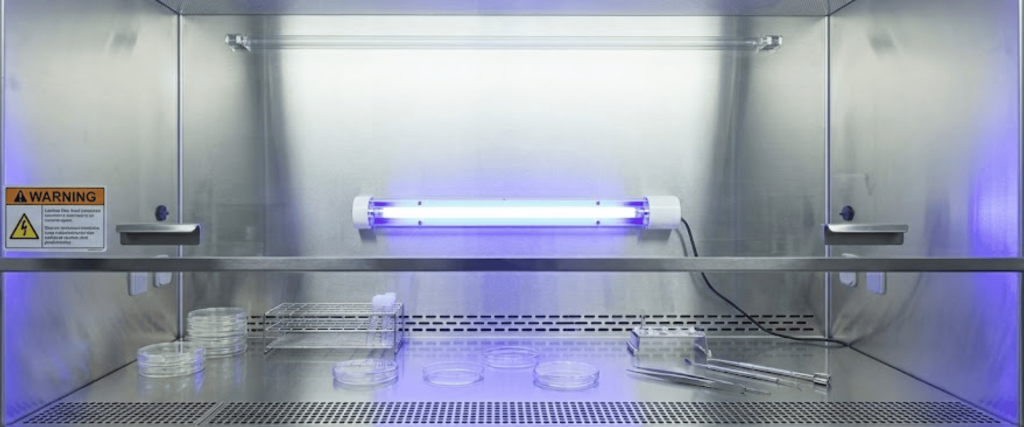 Sterile stainless steel biosafety cabinet with UV lamp, petri dishes, wire rack, and metal tweezers arranged on the work surface