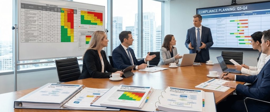 Team in a boardroom reviewing compliance charts and risk-assessment reports on screens and documents during a meeting