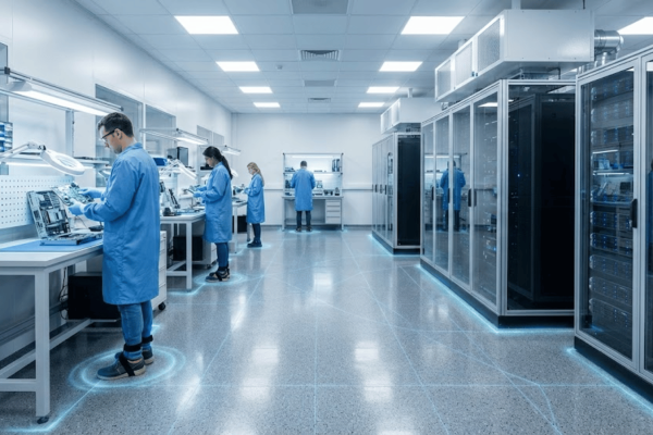 Technicians in blue lab coats assembling circuit boards and testing servers in a bright, modern electronics lab and server room
