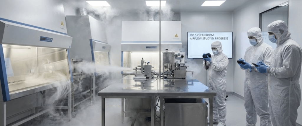 Technicians in full cleanroom suits monitoring airflow and equipment during an ISO 5 cleanroom airflow study