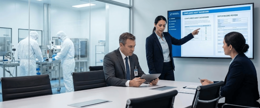 Three professionals in a conference room reviewing a compliance audit dashboard on a screen while lab technicians work behind glass