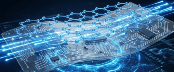 Transparent circuit board with glowing blue circuitry and a hexagonal molecular lattice hovering above, futuristic tech