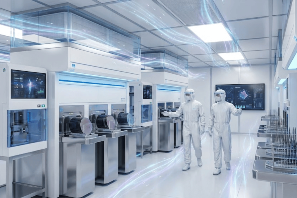Two technicians in full cleanroom suits inspecting automated semiconductor fabrication equipment in a bright, sterile lab