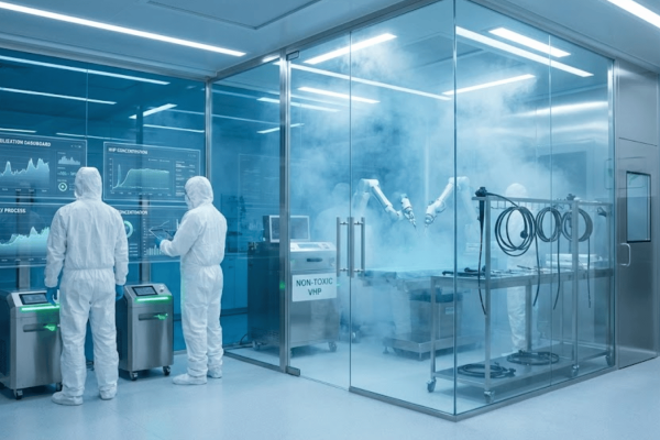 Two technicians in full cleanroom suits monitor digital sterilization dashboards while robotic arms fog a glass-enclosed non-toxic VHP sterilization chamber