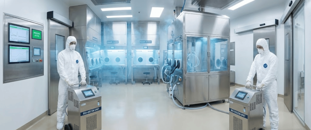 Two technicians in full hazmat suits operate mobile bio-decon units inside a bright, stainless-steel cleanroom with gloveboxes