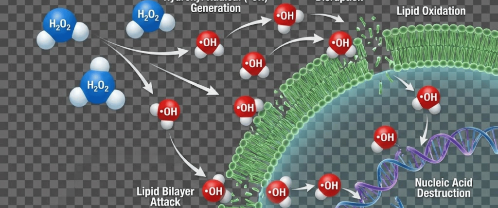 Το εξατμισμένο H2O2 σχηματίζει ρίζες υδροξυλίου (·OH) που προσβάλλουν τις κυτταρικές μεμβράνες, προκαλώντας οξείδωση λιπιδίων, διάσπαση του τοιχώματος και καταστροφή νουκλεϊκών οξέων.