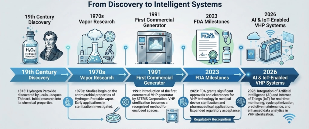Χρονολόγιο ατμοποιημένου υπεροξειδίου του υδρογόνου που δείχνει ορόσημα από την ανακάλυψη του 19ου αιώνα έως τα συστήματα με δυνατότητα AI/IoT το 2026
