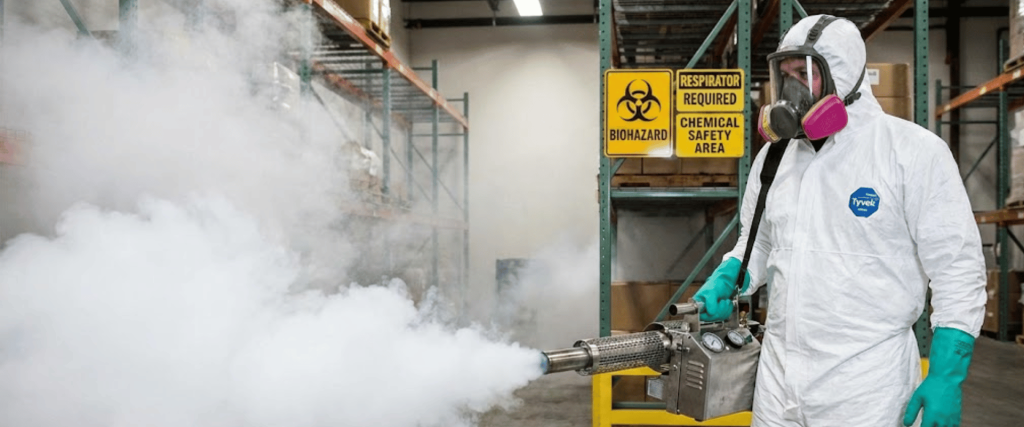 Worker in full hazmat suit and respirator fogging a warehouse aisle for decontamination near biohazard signage and shelving