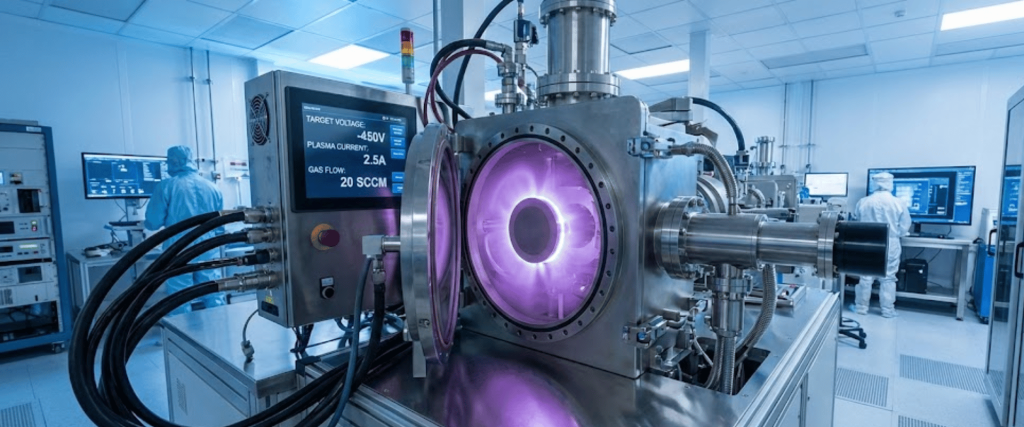 A cleanroom lab with technicians and a stainless steel vacuum chamber emitting a glowing purple plasma for semiconductor processing