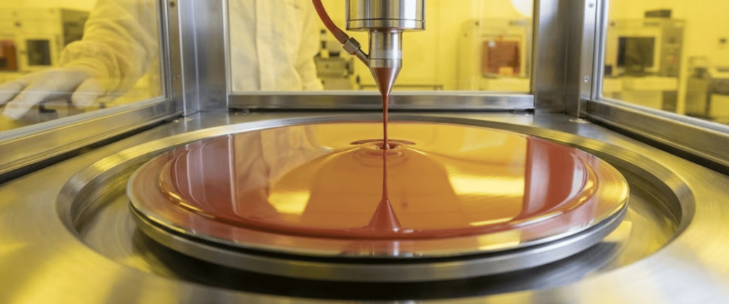 A precision dispenser deposits glossy red photoresist onto a spinning silicon wafer inside a cleanroom coating station