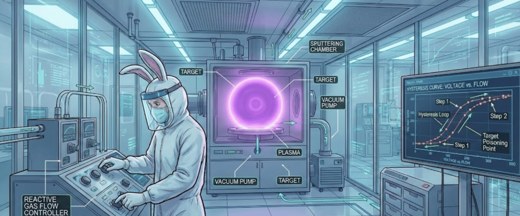 A scientist in a rabbit-suit operates controls inside a high-tech lab with a glowing plasma chamber, monitors, and labeled equipment