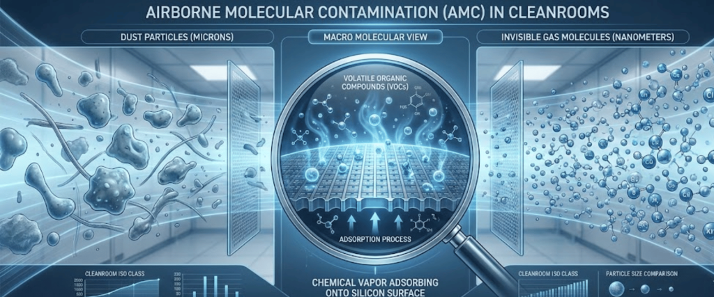 Airborne molecular contamination in cleanrooms dust particles left, filtration and magnified VOCs adsorbing onto a silicon surface, and tiny gas molecules right