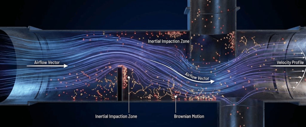 Airflow streamlines through a pipe with labeled airflow vectors, velocity profile, inertial impaction zones and particle paths