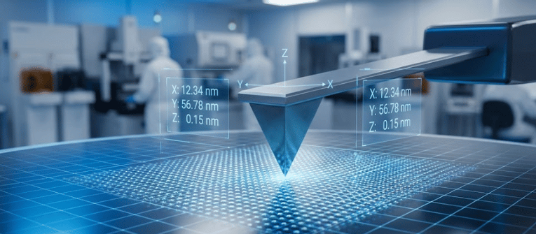 Atomic Force Microscope probe scanning a nanoscale silicon surface, atomic lattice structure visible beneath