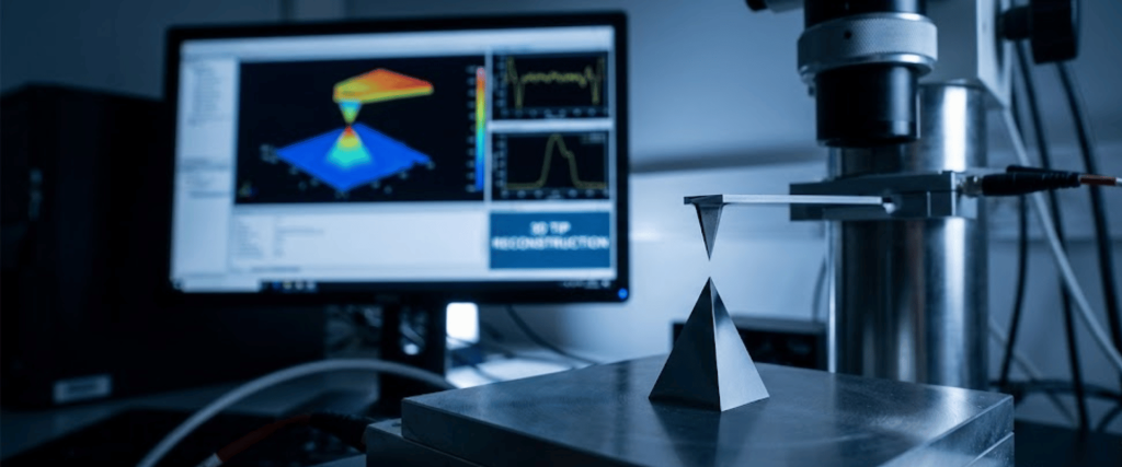 Atomic force microscope tip approaching a sharp pyramidal sample on a stage, computer screen with 3D graphs and spectra in background.