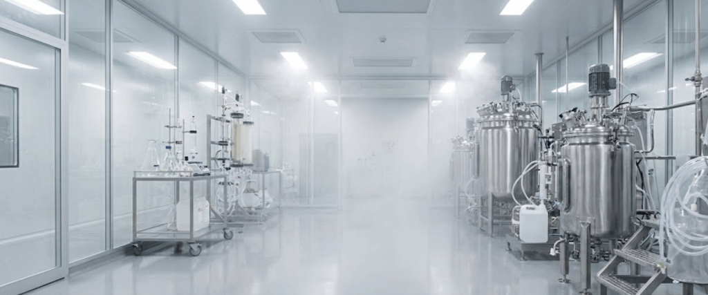 Bright, sterile pharmaceutical production room with stainless steel mixing tanks, glassware on carts, clear glass walls, and polished floors
