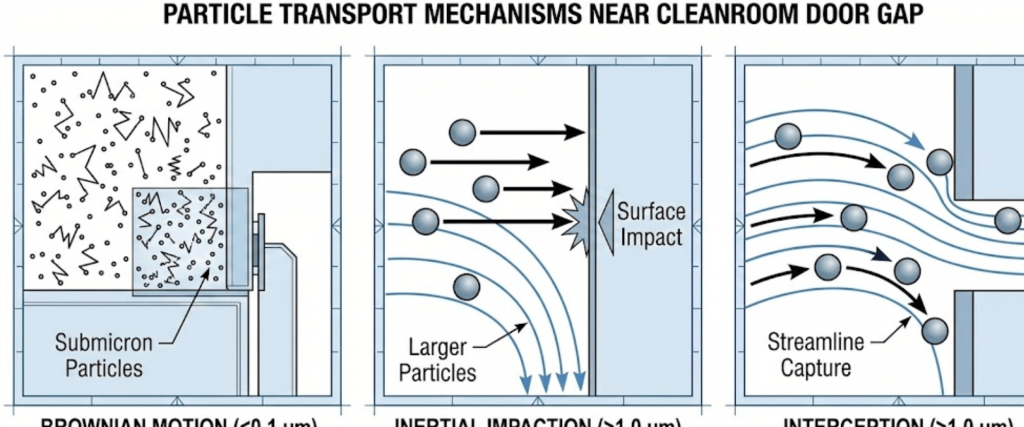 Brownian motion of submicron particles, inertial impaction of larger particles onto surfaces, and interception of particles following streamlines into the gap