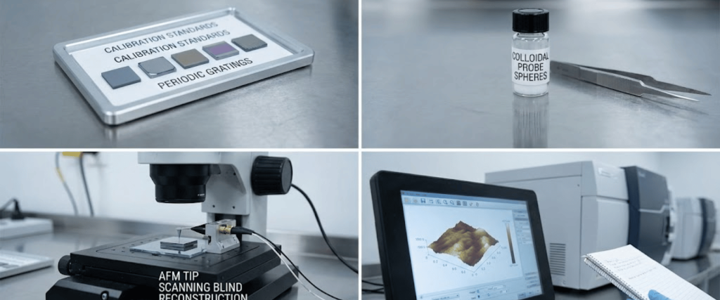 Calibration standards, AFM setup and colloidal probe spheres on a clean laboratory bench, imaging and measurement equipment