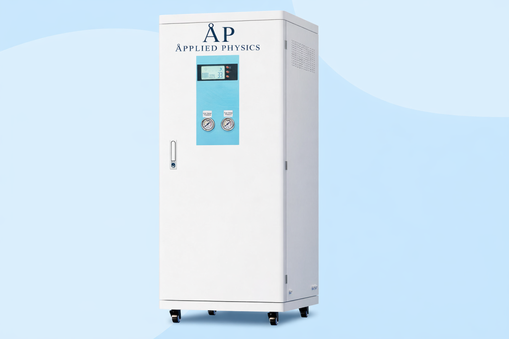 Applied Physics medical-grade dental water purification system cabinet with digital control panel, pressure gauges, and integrated ultrapure water filtration for clinical use