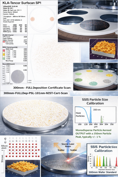 Composite technical graphic showing SSIS particle inspection scans, calibration wafer standards, surface roughness effects, laser scatter detection, and differential mobility analyzer particle size selection used in semiconductor metrology.