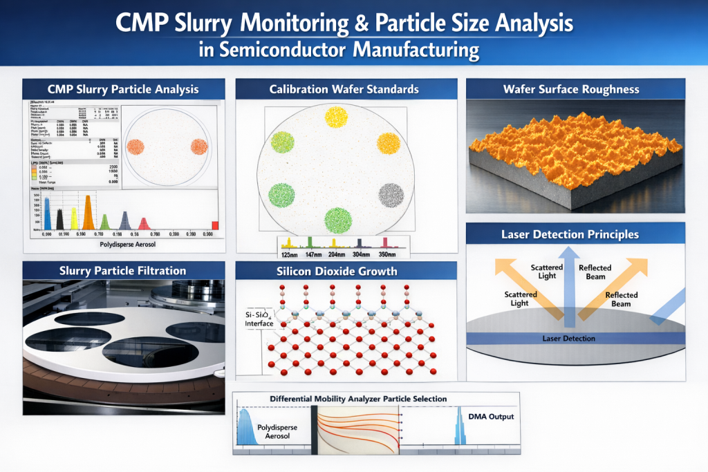 Infographic showing CMP slurry particle size analysis, abrasive particle distribution, and contamination control concepts used in semiconductor wafer planarization processes.