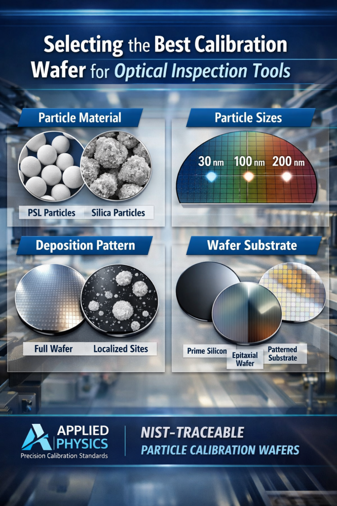 Infographic showing how to choose a calibration wafer for optical inspection tools, including particle material (PSL vs silica), particle size selection, deposition patterns, and wafer substrate options for NIST-traceable semiconductor metrology.